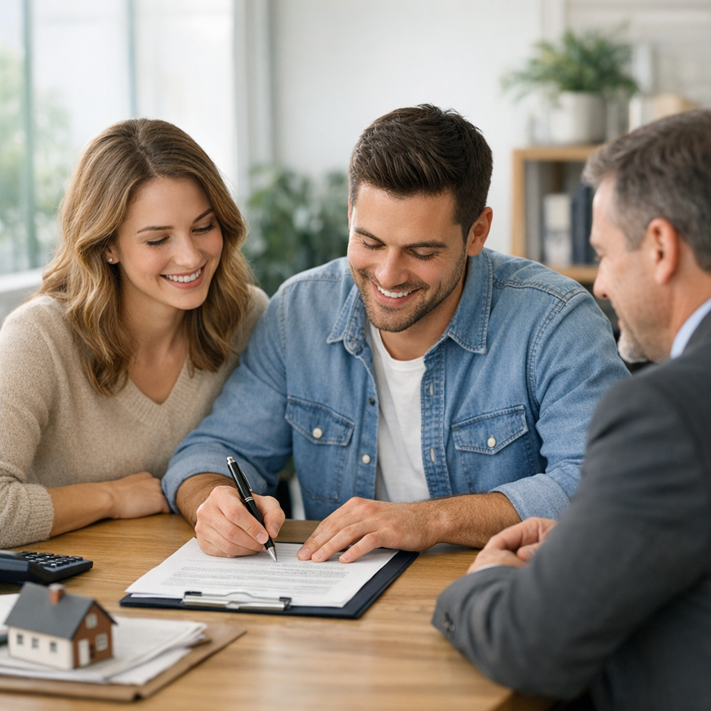 First-time home buyers in Pennsylvania meeting with a mortgage loan officer to review loan documents