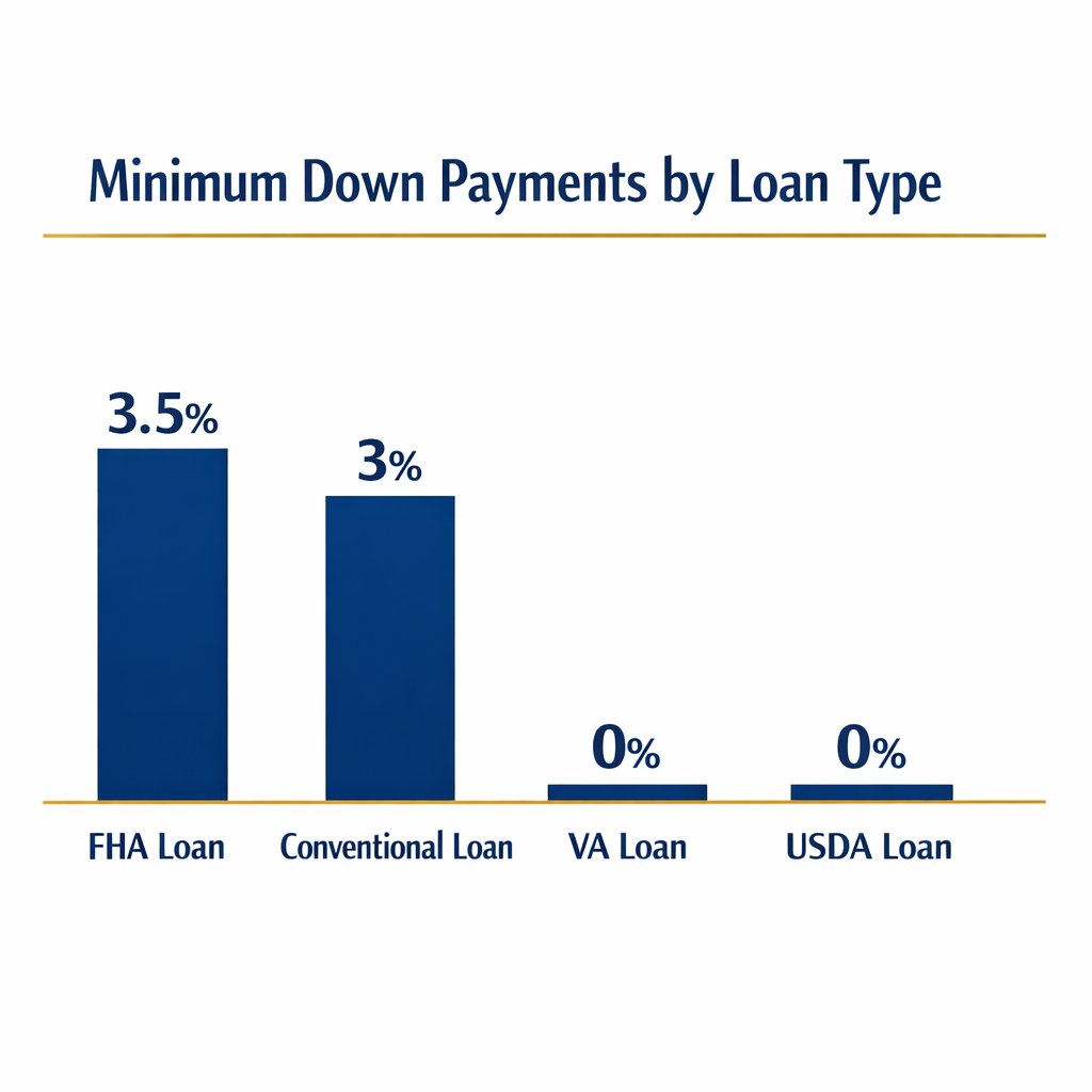Bar chart comparing minimum down payment requirements: FHA 3.5%, Conventional 3%, VA 0%, USDA 0% for Pennsylvania home buyers