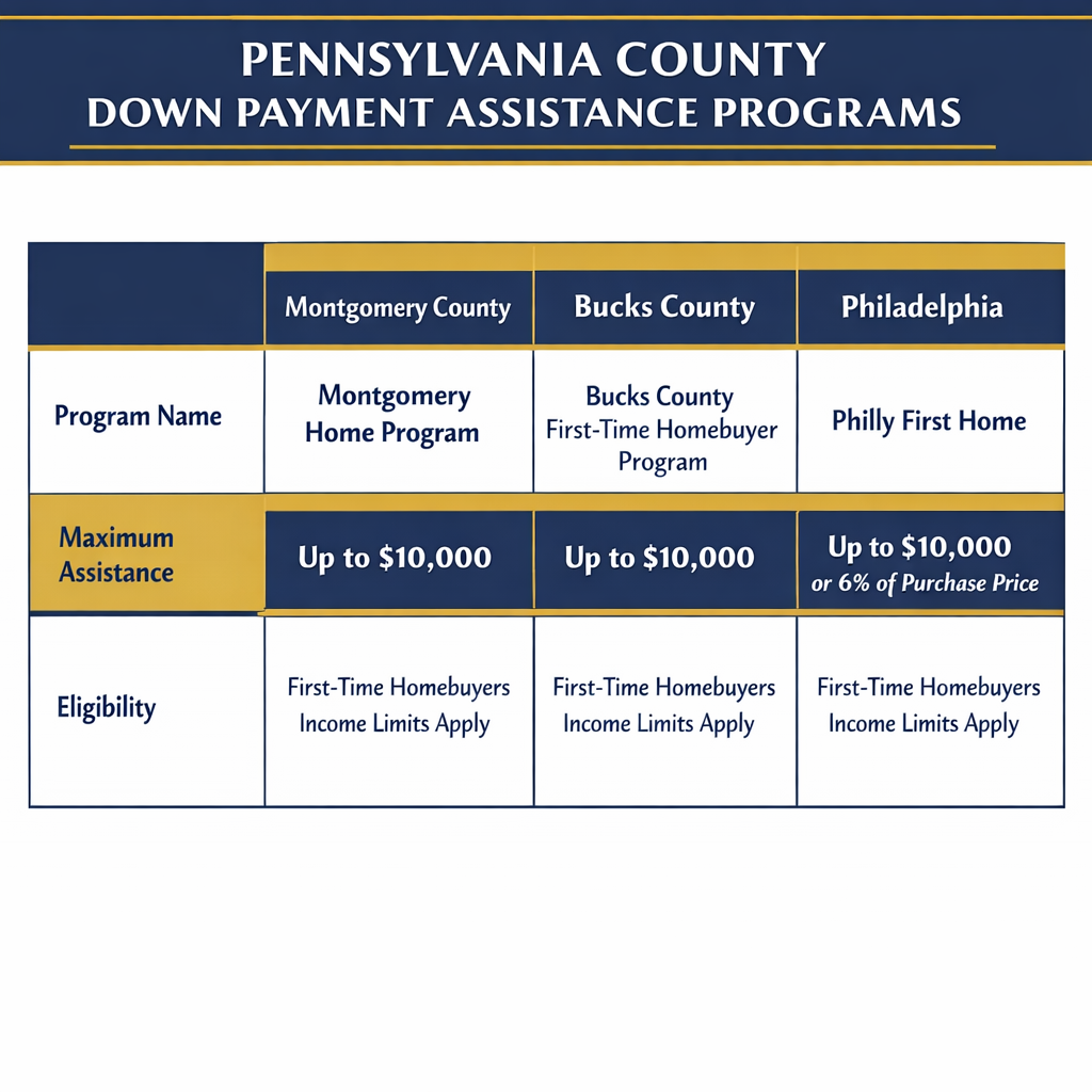 Pennsylvania county down payment assistance comparison chart Montgomery Bucks Philadelphia first-time buyer programs