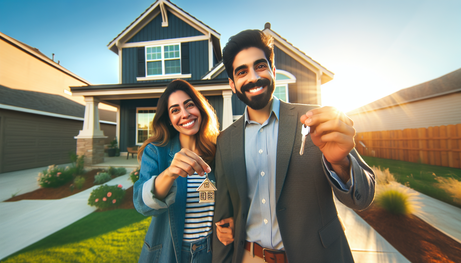 Happy couple receiving house keys after qualifying for first-time homebuyer loan program in Pennsylvania or Florida