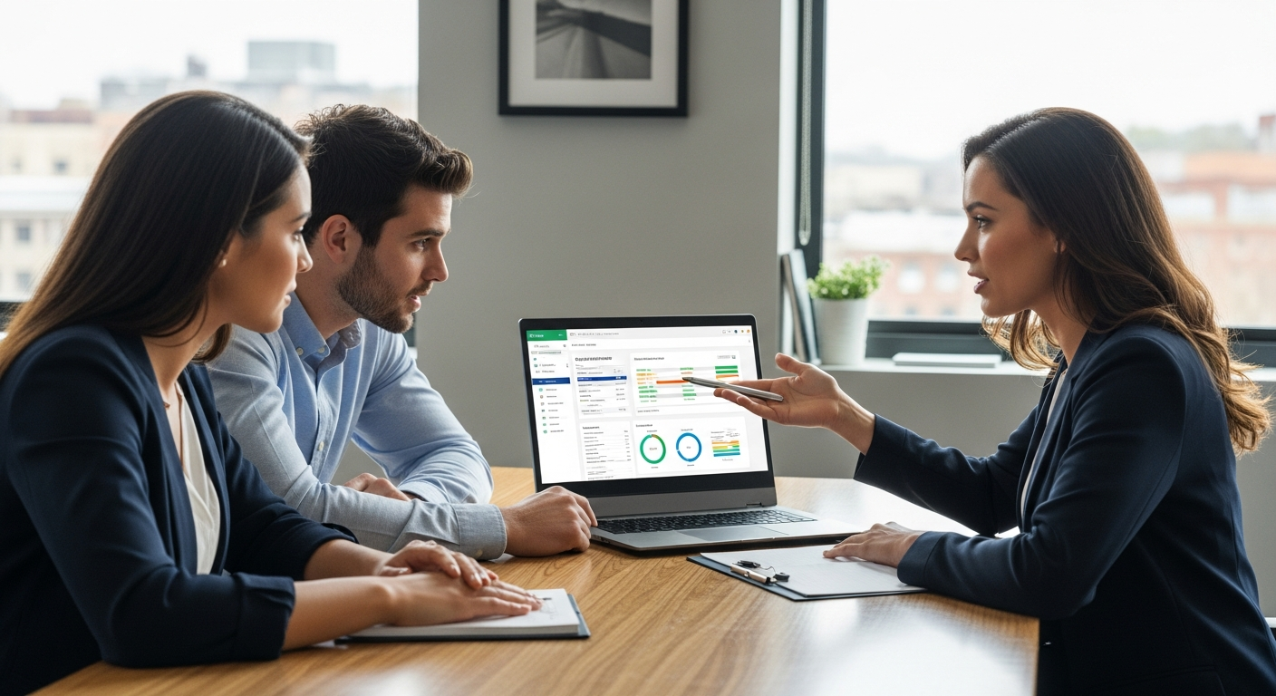 Pennsylvania couple reviewing credit score report with mortgage consultant before applying for a home loan, Dynamic Funding Solutions