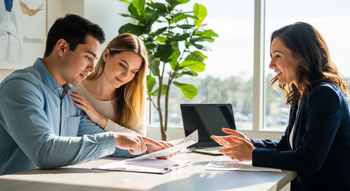 Young Florida couple reviewing down payment assistance program paperwork with mortgage specialist, Dynamic Funding Solutions