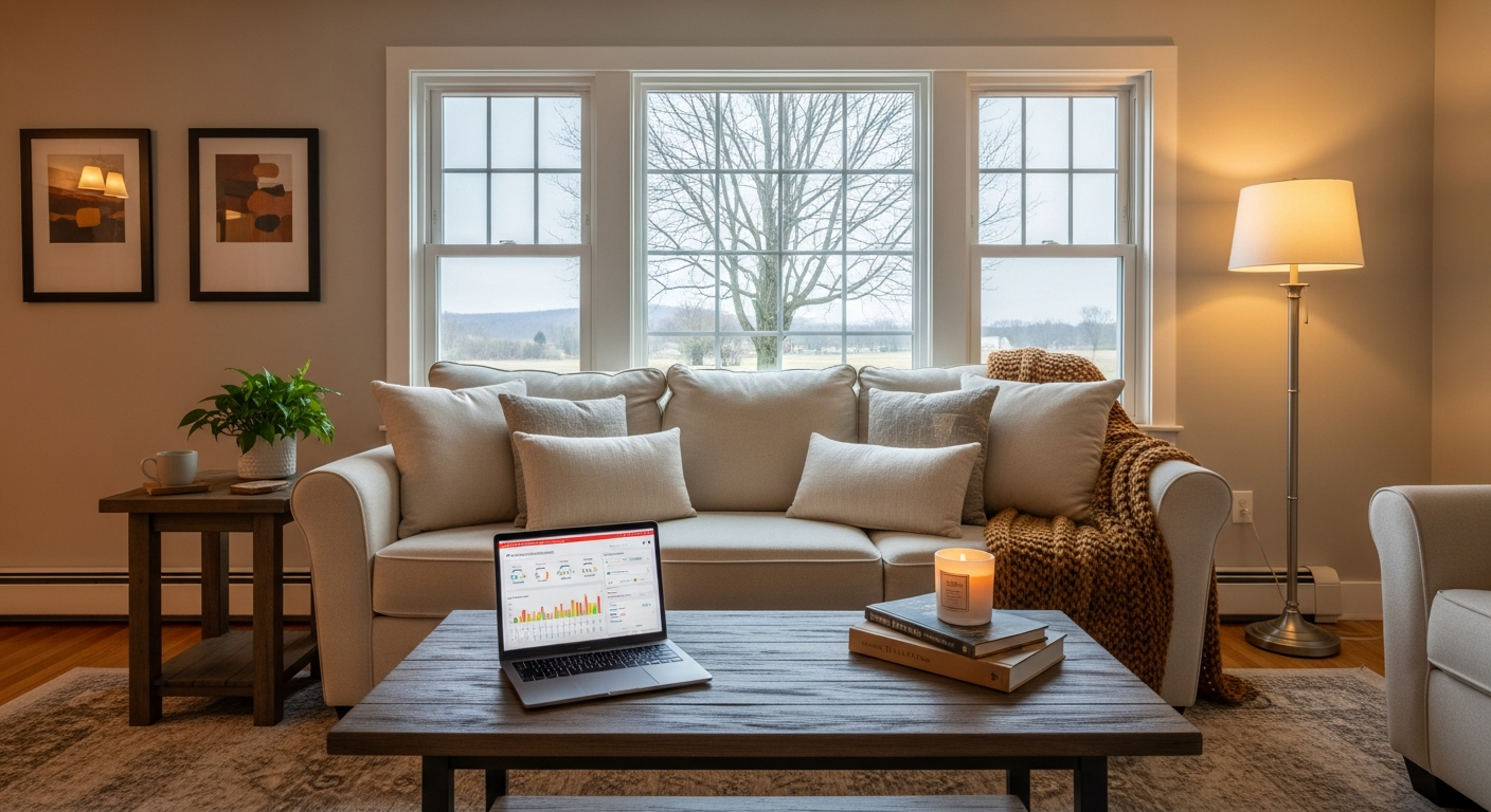 Pennsylvania short-term vacation rental property interior showing rental income analytics on laptop, Dynamic Funding Solutions