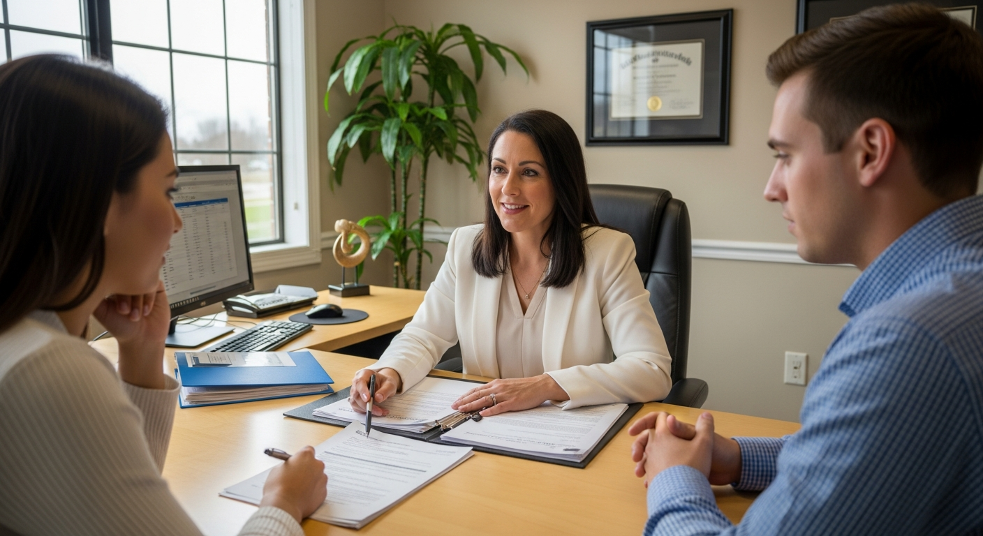Mortgage broker reviewing loan options with first-time homebuyers in Warminster Pennsylvania office, Dynamic Funding Solutions