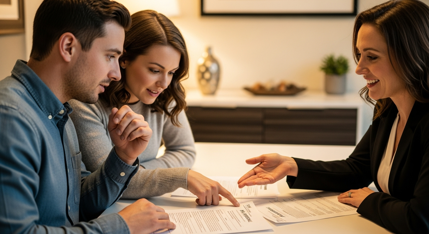 Mortgage Pre-Approval Pennsylvania — Dynamic Funding Solutions Couple reviewing mortgage pre-approval paperwork with consultant in Pennsylvania — Dynamic Funding Solutions