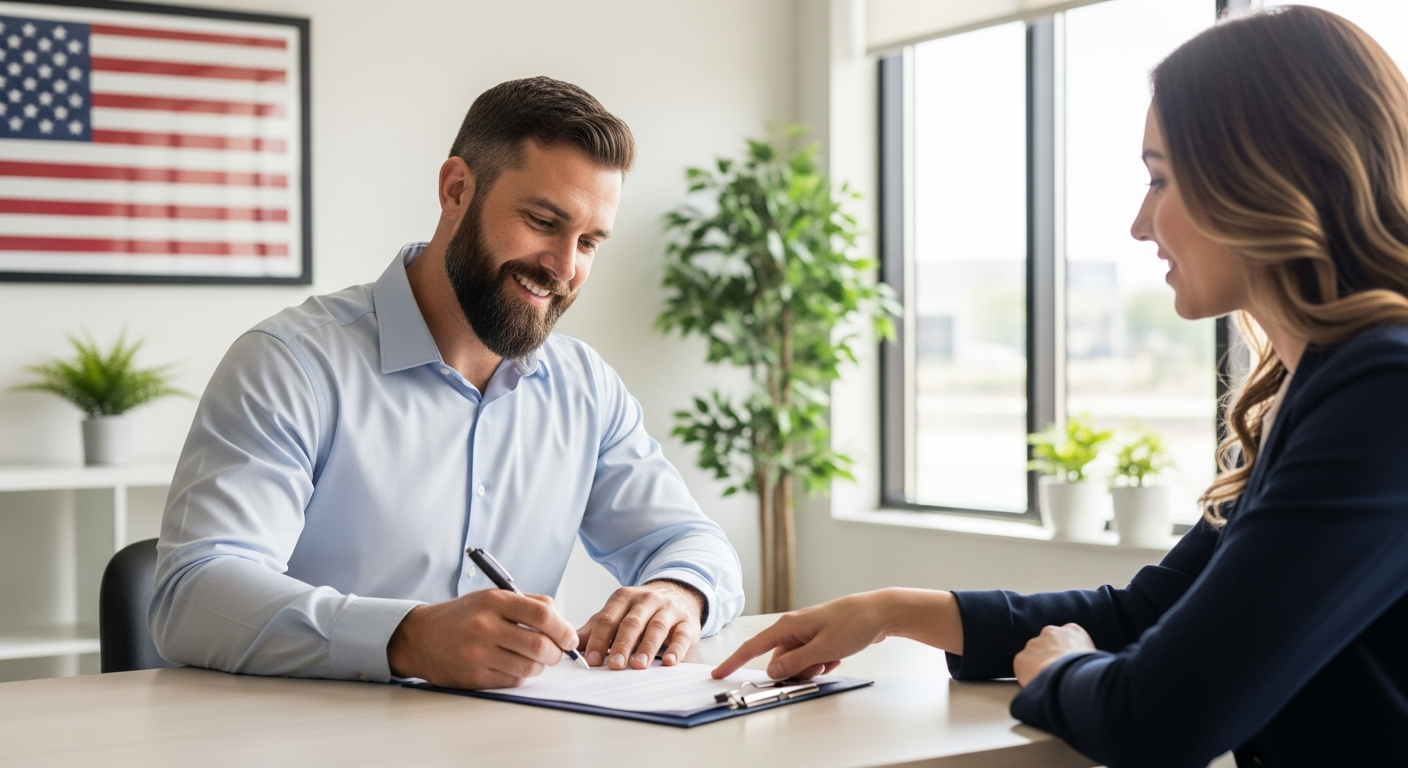 Military veteran signing VA home loan documents with mortgage consultant in Pennsylvania, Dynamic Funding Solutions