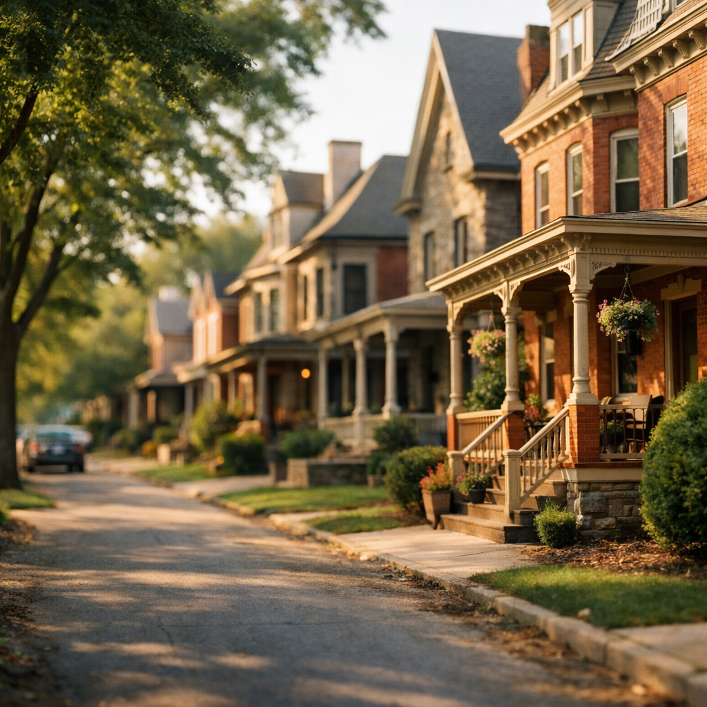 Tree-lined residential street with historic brick homes in a small Chester County Pennsylvania borough
