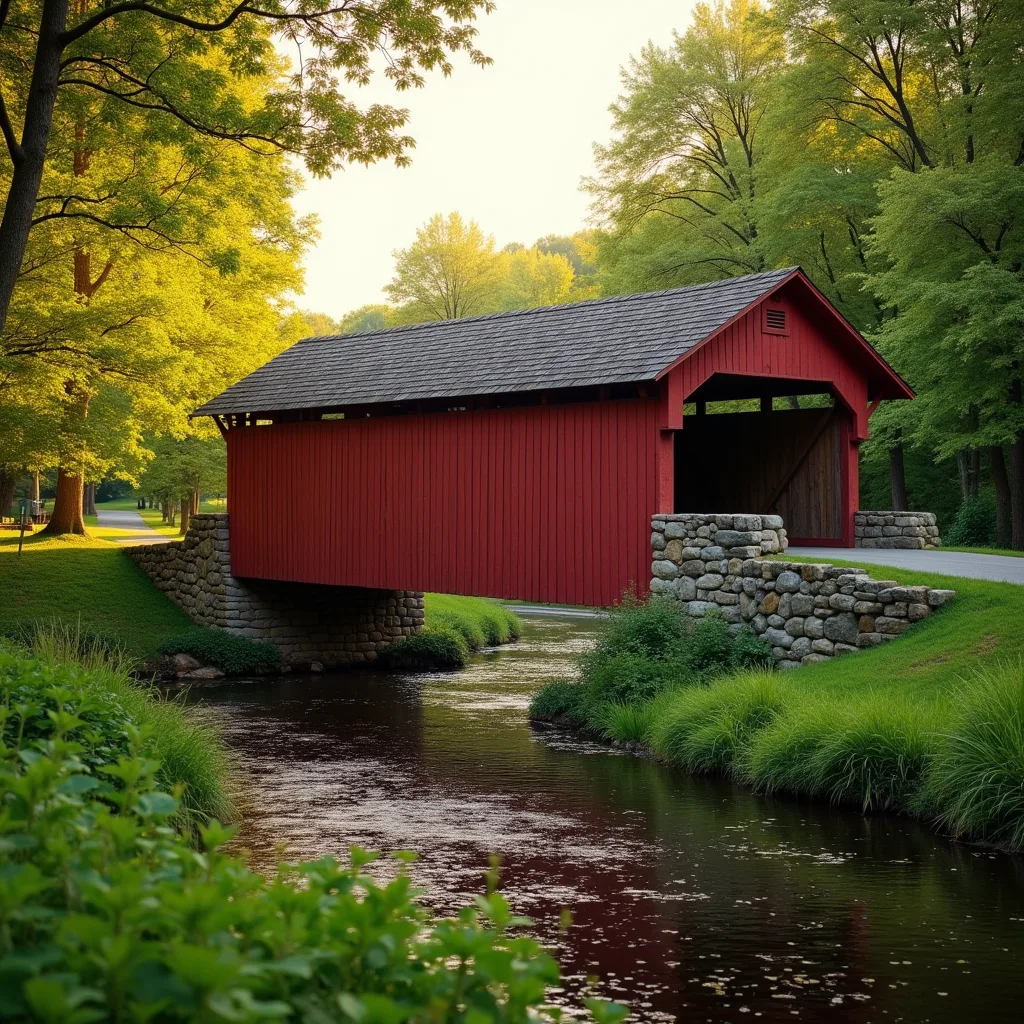 Historic red covered bridge over a creek in Bucks County, Pennsylvania, the home market where Dynamic Funding Solutions serves business owners and real estate investors