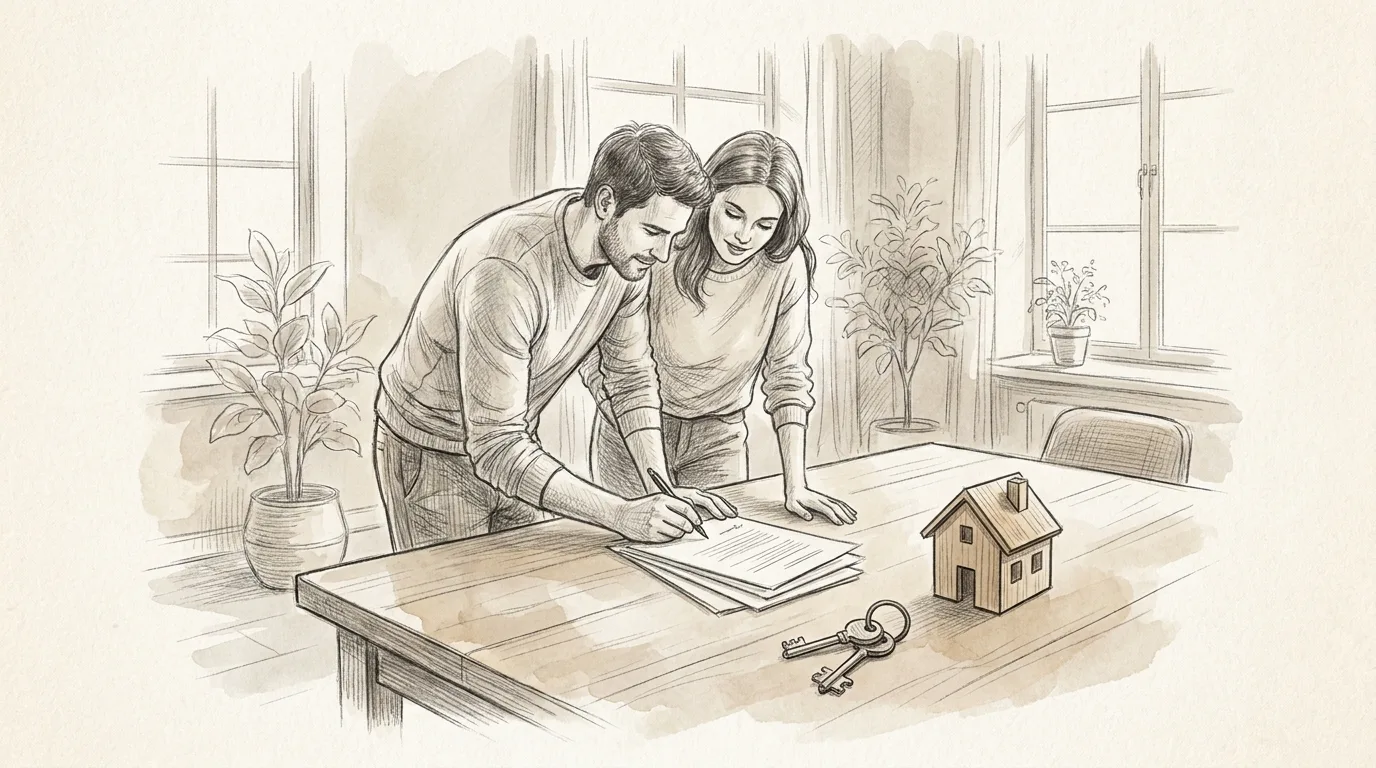 Pencil sketch of a couple signing mortgage closing documents with new house keys on the table