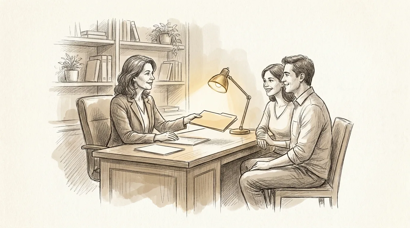 Pencil sketch of an owner-operated mortgage office where the owner hands a folder to a couple