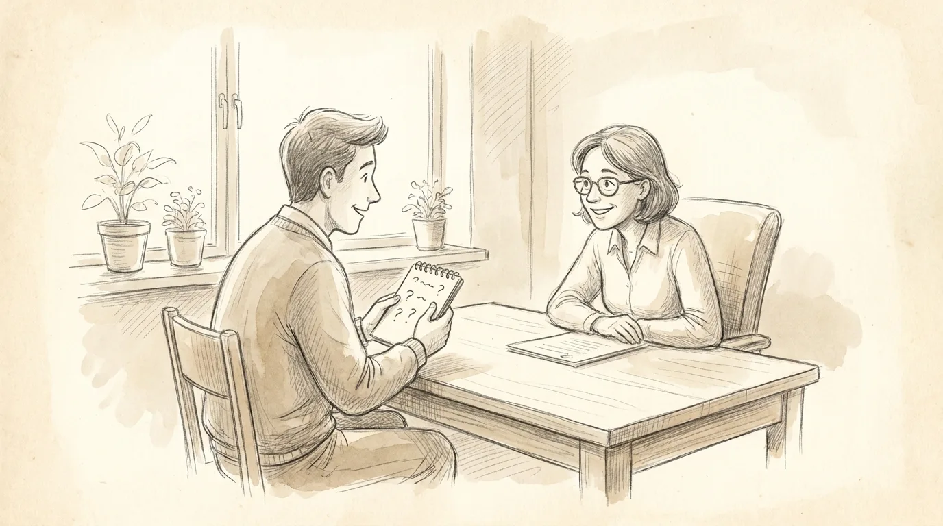 Pencil sketch of a home buyer with a notebook asking a loan officer questions