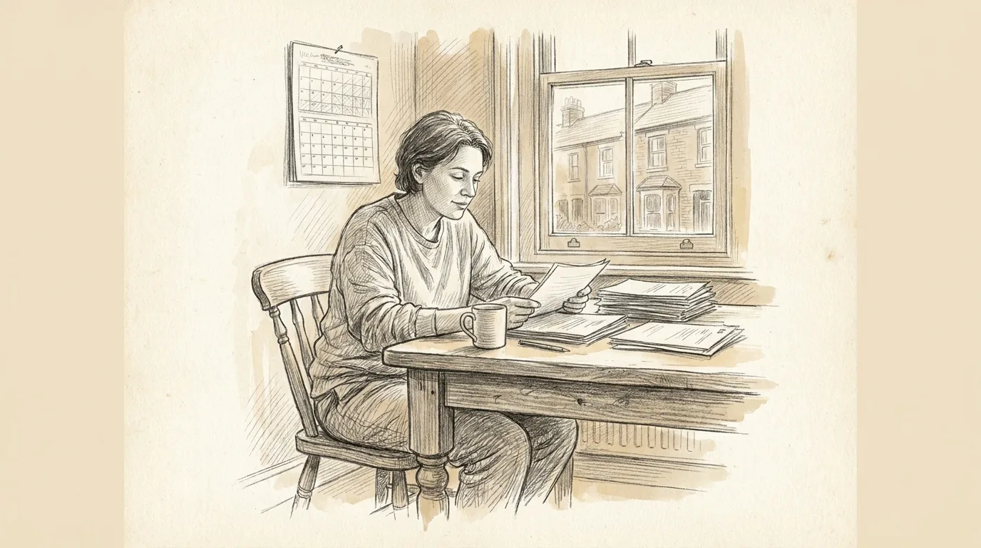 Pencil sketch of a Pennsylvania homeowner reviewing refinance papers at a kitchen table