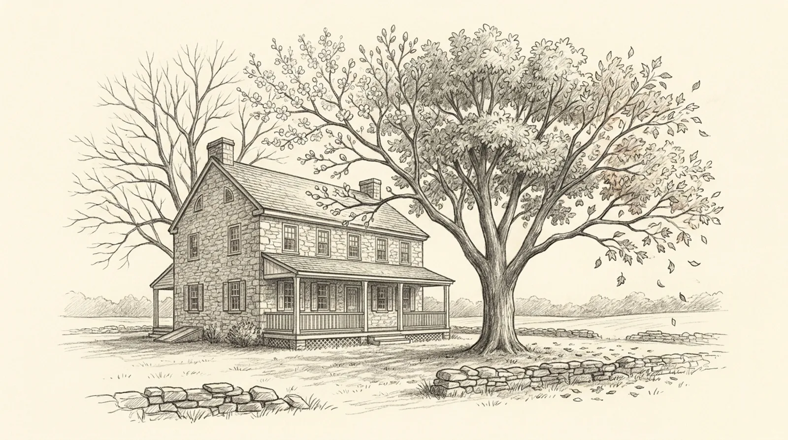 Pencil sketch of a Pennsylvania fieldstone colonial house beside a tree whose branches move from bare winter limbs to spring blossoms, summer leaves, and falling autumn leaves