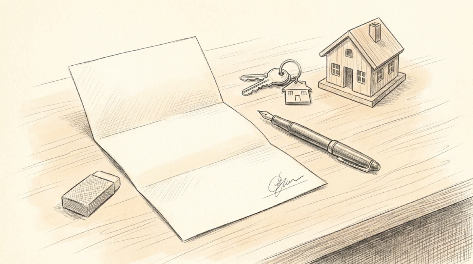 Pencil sketch of a signed mortgage commitment letter on a desk with house keys and a model house