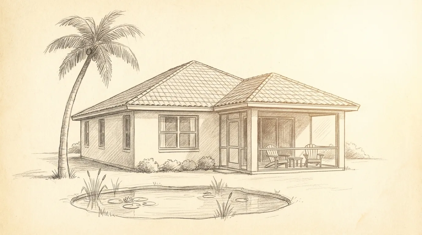 Pencil sketch of a one-story Florida vacation home with a palm tree, screened lanai and a small pond
