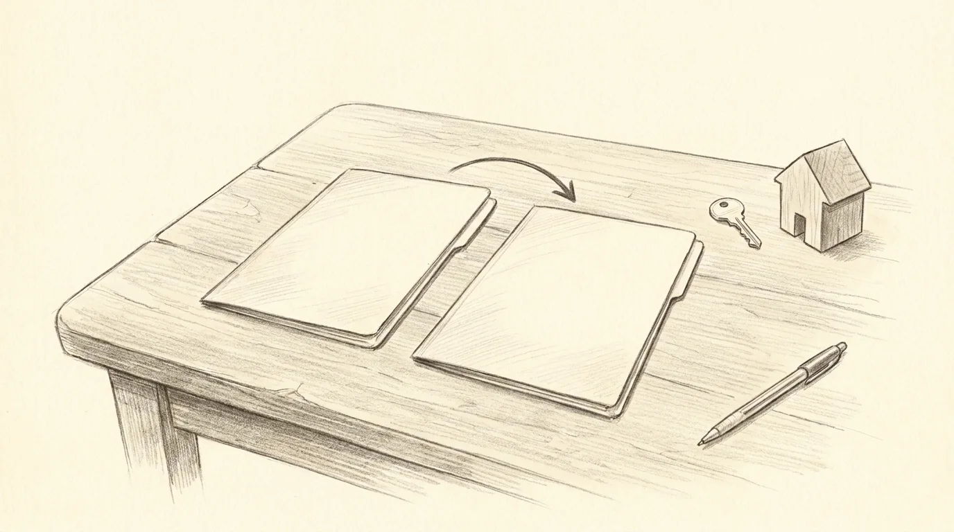 Pencil sketch of two mortgage folders on a desk with an arrow between them, a house key and a small model house