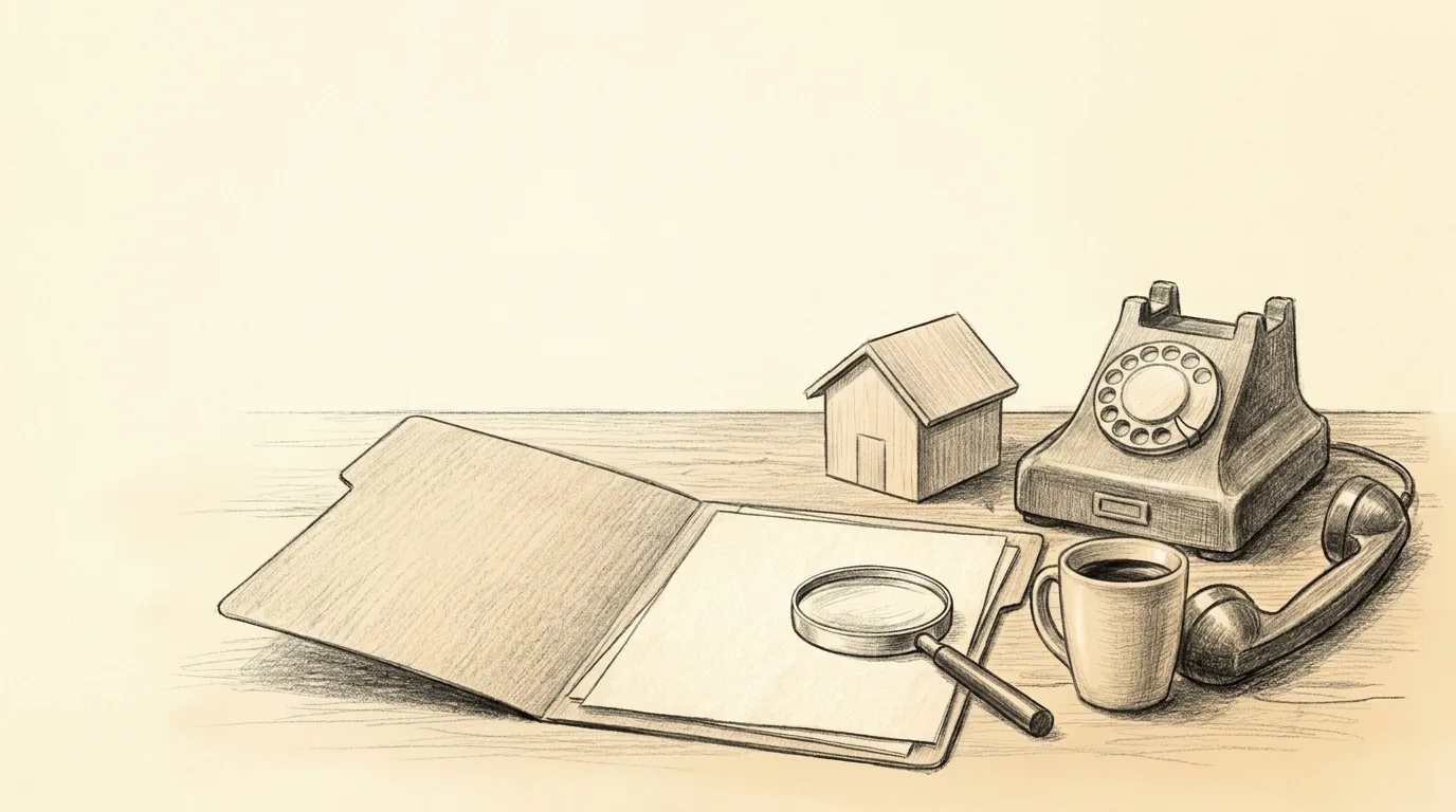 Pencil sketch of an open mortgage folder with a magnifying glass, a desk phone off the hook, a coffee cup and a small model house